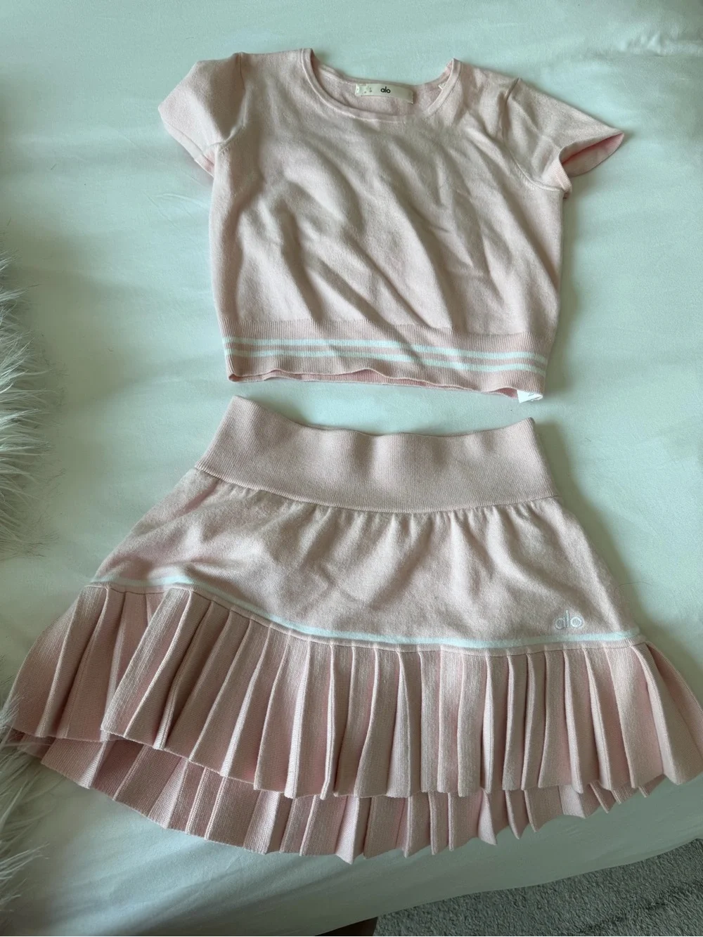 ALO Atelier Sundrenched Pink Cotton Cashmere Mini Skirt Set Top XS Skirt XXS